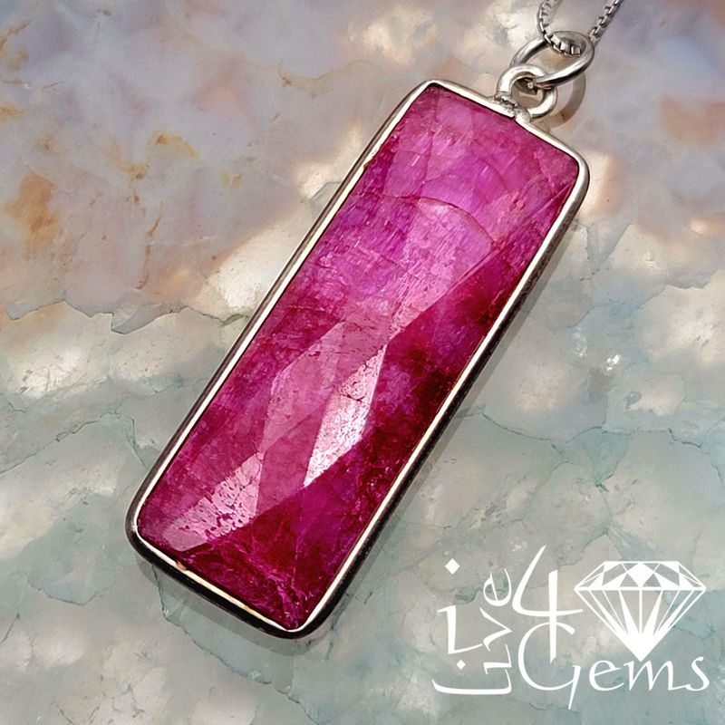 Sterling Silver Bezel 34x11mm Rectangle Ruby w Chain