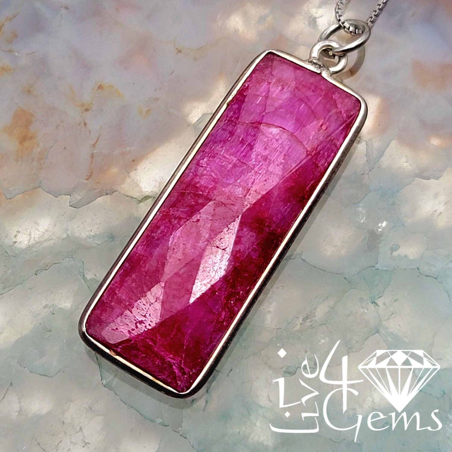 Sterling Silver Bezel 34x11mm Rectangle Ruby w Chain