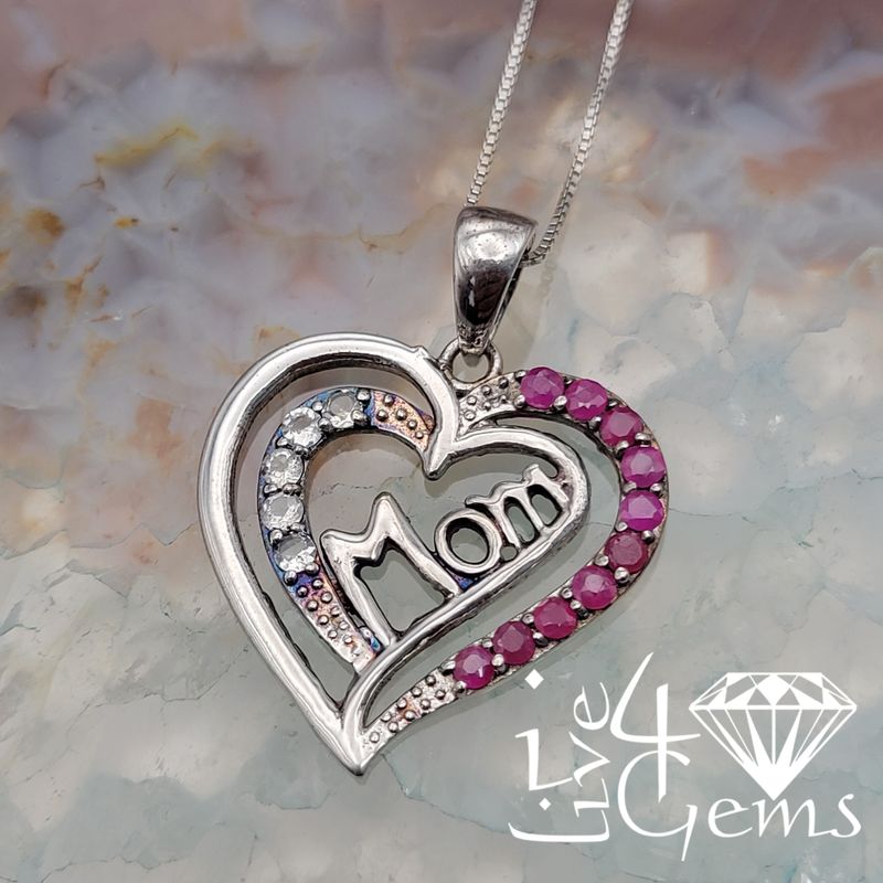 Silver Heart Ruby Mom Pendant and Chain