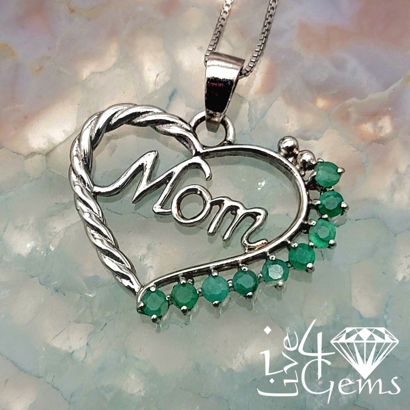 Silver Heart 0.5ctw Emerald Mom Pendant with Chain