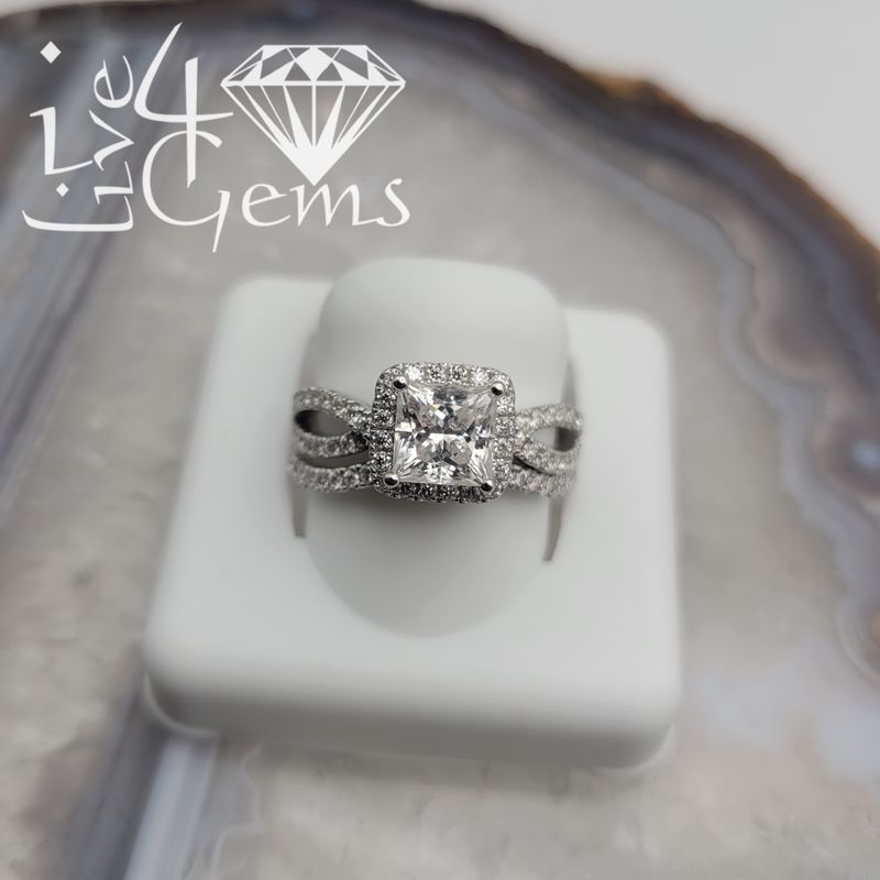 Silver Moissanite Princess Cut Halo 3.0ctw Bridal Set S7