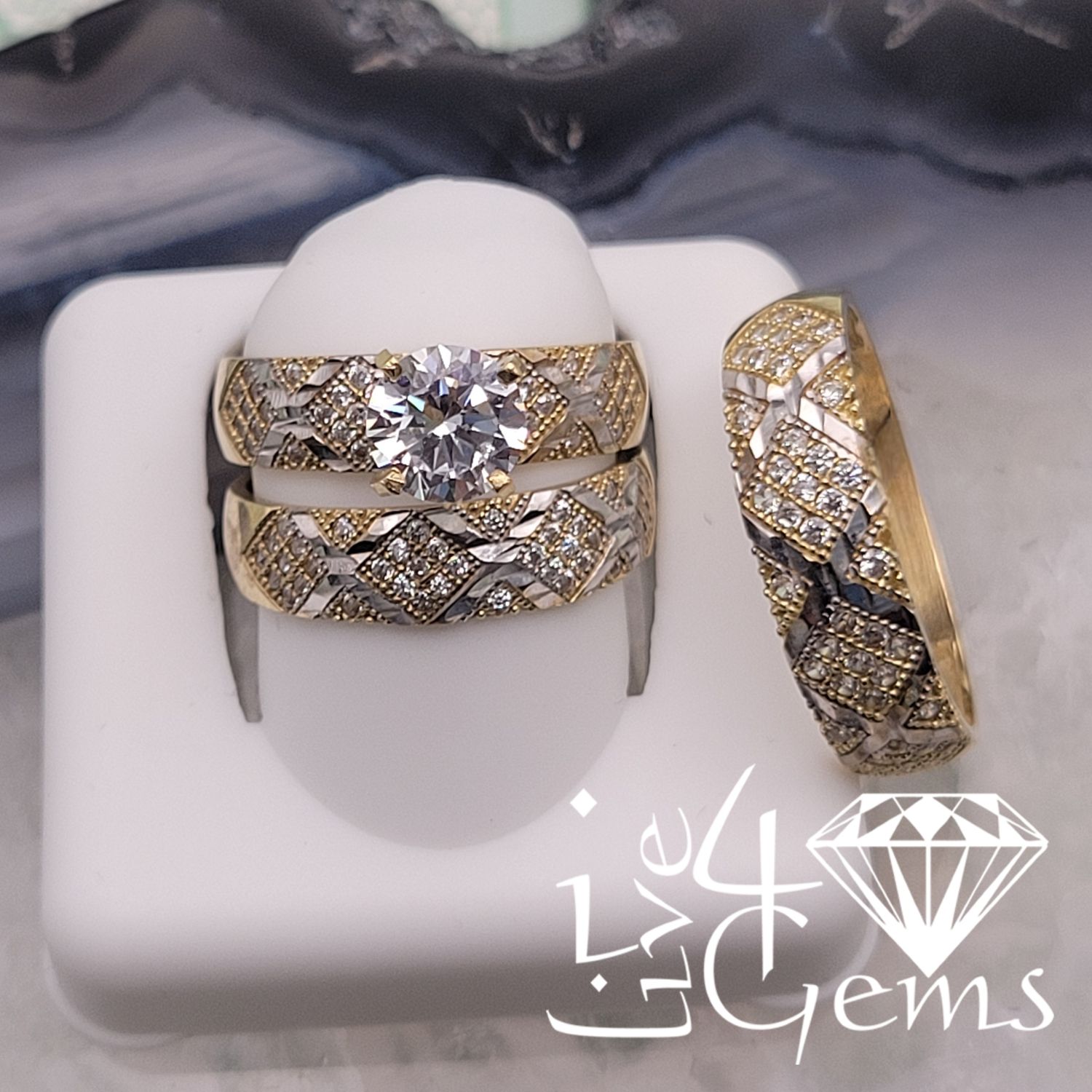 10kty Diamond Cut Pattern His and Her CZ Set