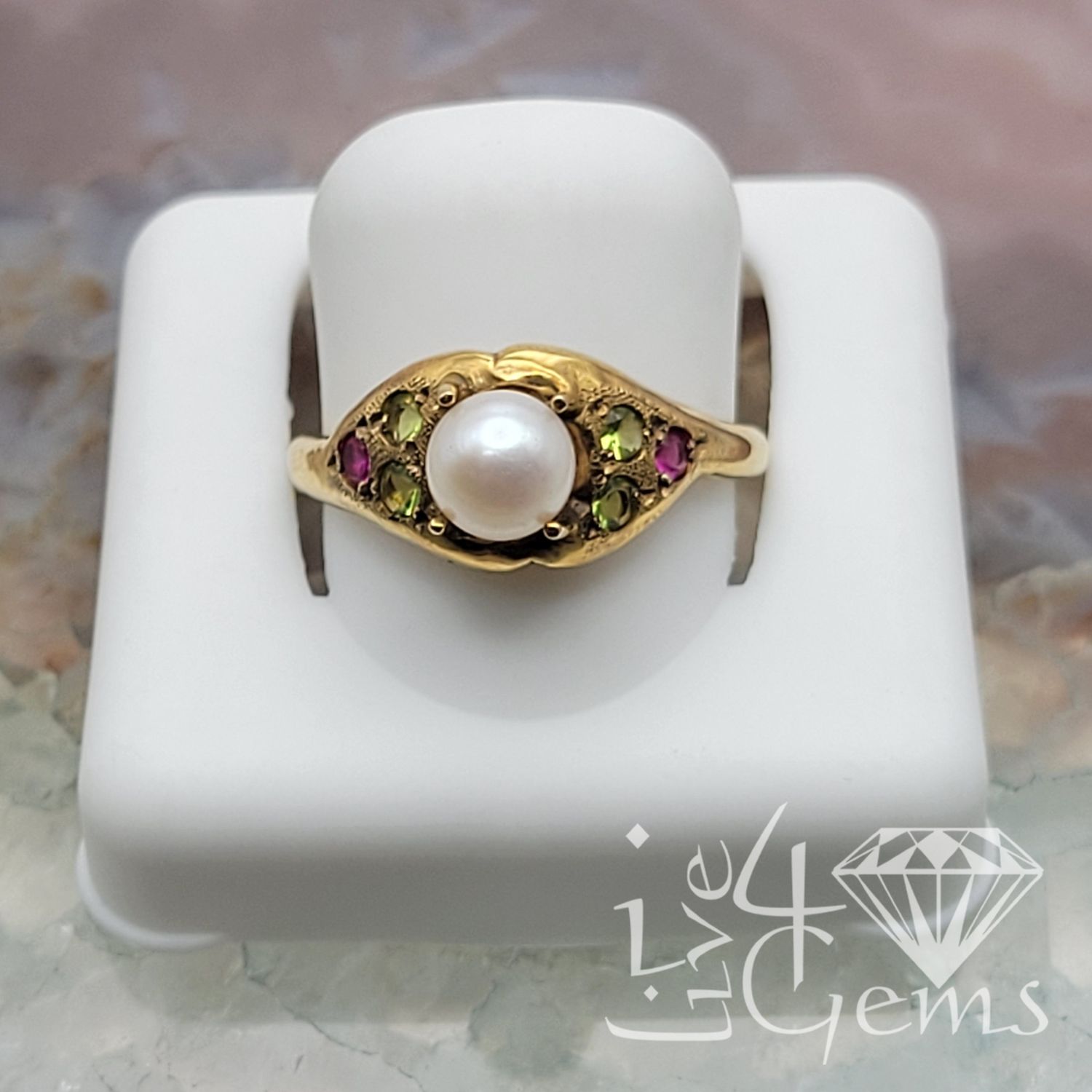 10kty Pearl, Lab Peridot, Lab Ruby Ring