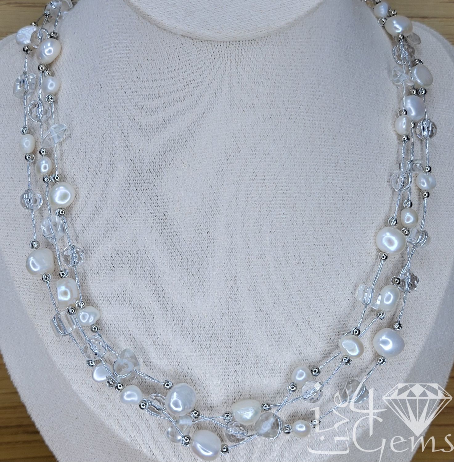 Silver Triple Strand Pearl and Clear Quartz Necklace