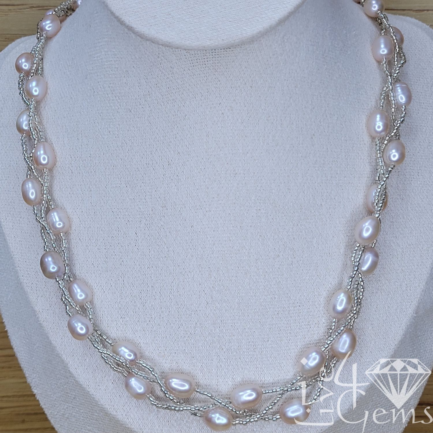 Triple Strand Beaded Pearl Necklace Pink