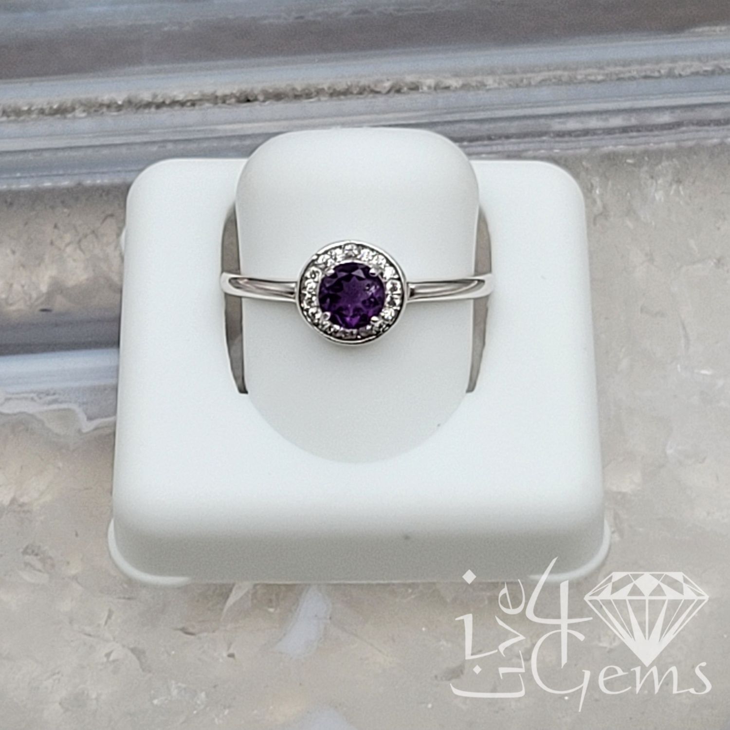 Silver Diamond Halo Ring Amethyst
