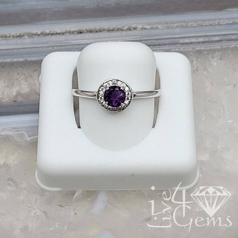Silver Diamond Halo Ring Amethyst