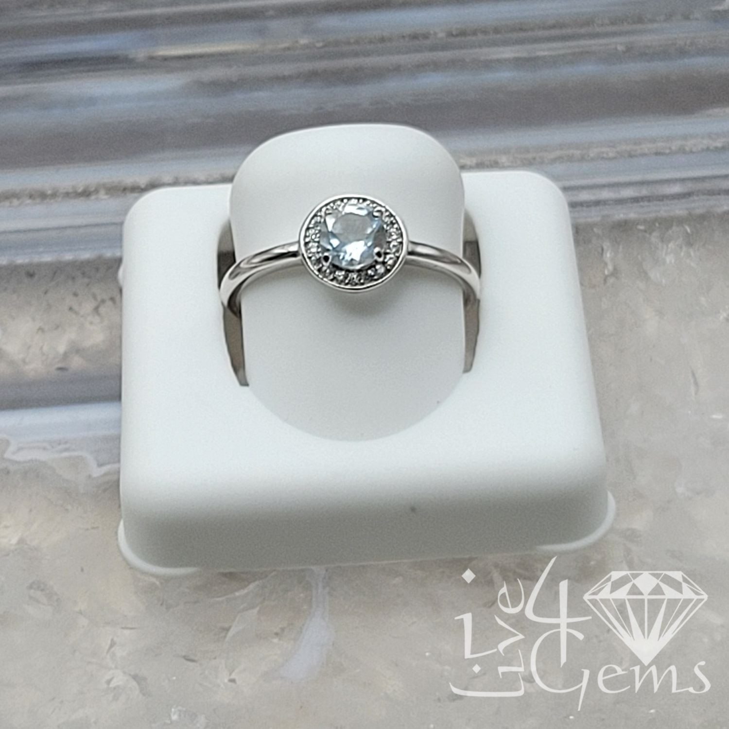 Silver Diamond Halo Ring Aquamarine