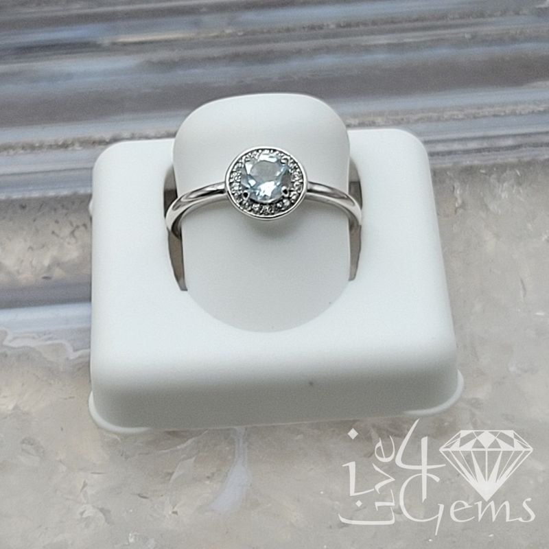 Silver Diamond Halo Ring Aquamarine