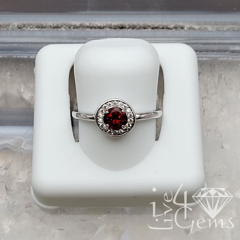 Silver Diamond Halo Ring Garnet