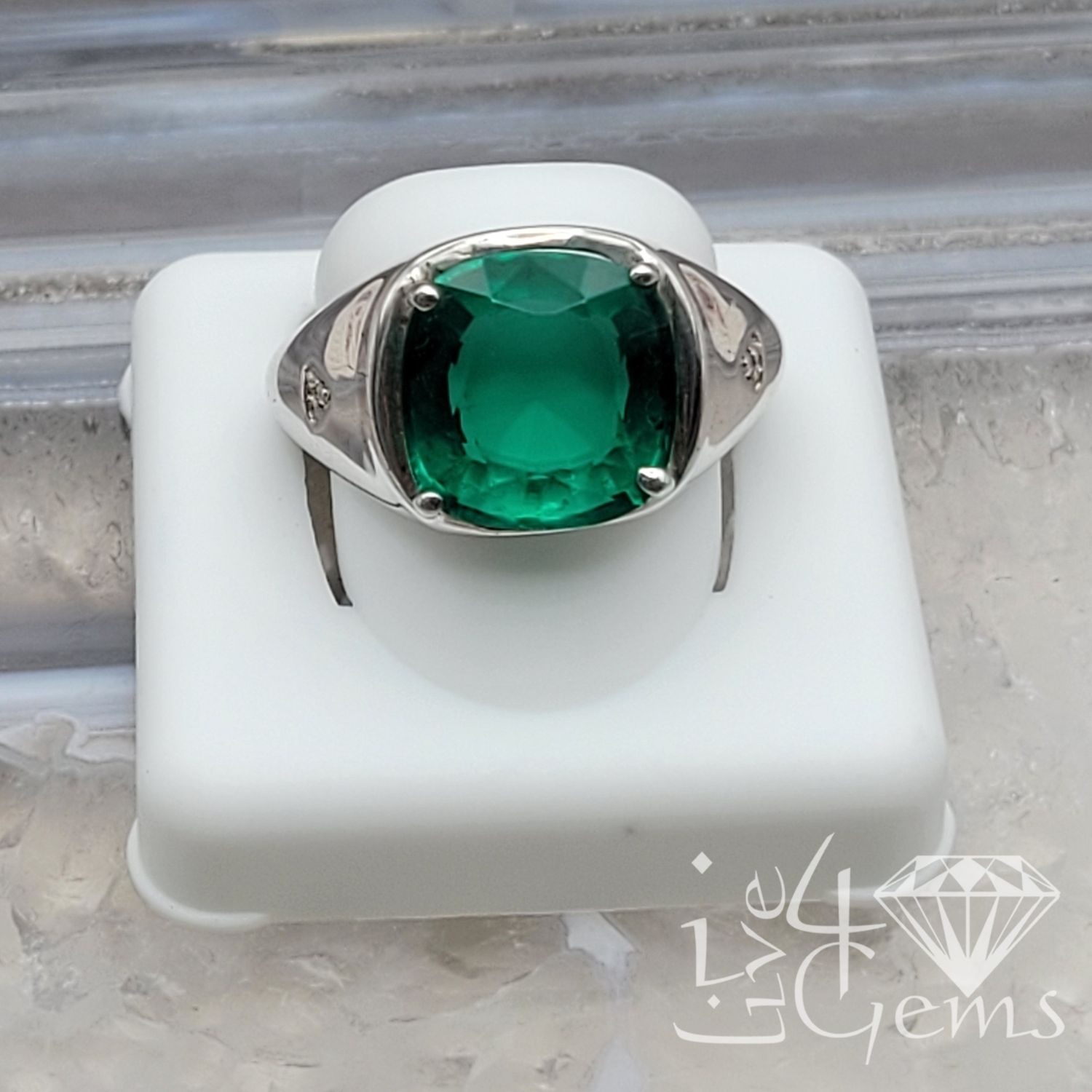 Silver Emerald Lab Filled Two Diamond Ring