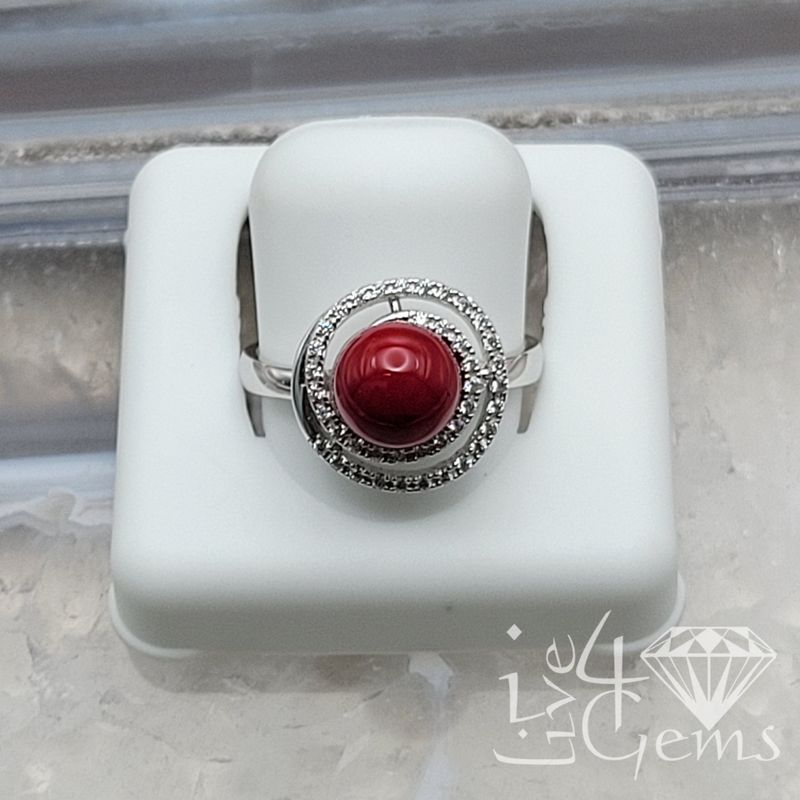 Silver Red Coral and Cz Ring