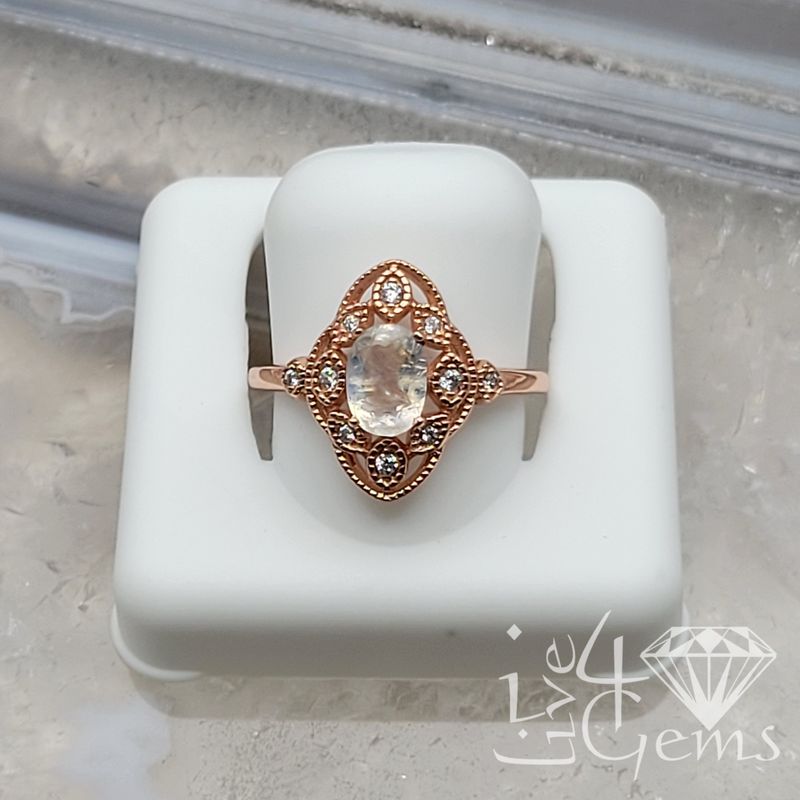 Silver Rose Gold Plated  Moonstone 1ct CZ Ring