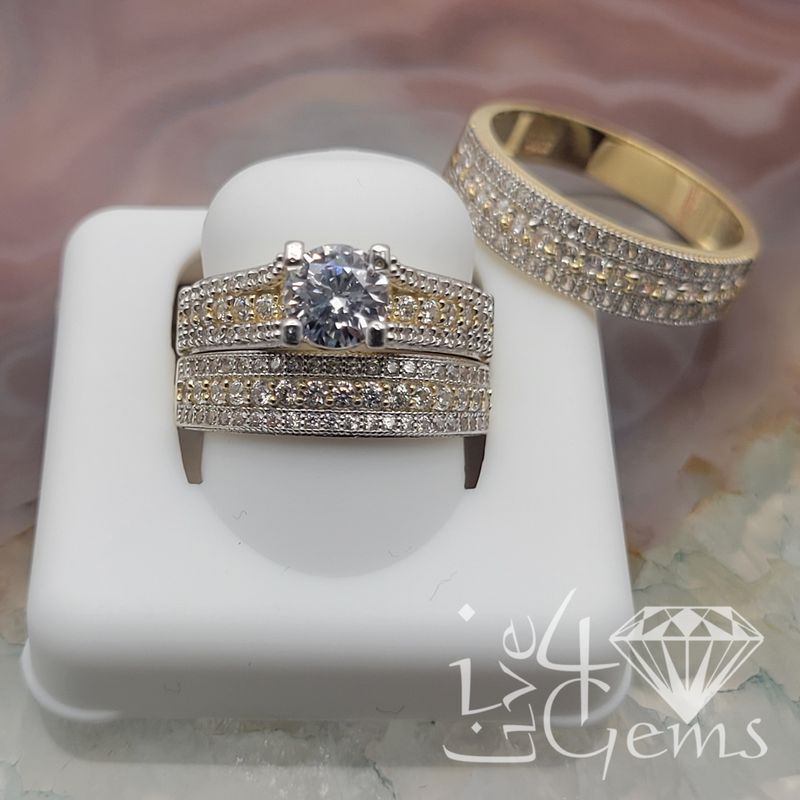 10kty Solitaire Three Row His and Her CZ Ring