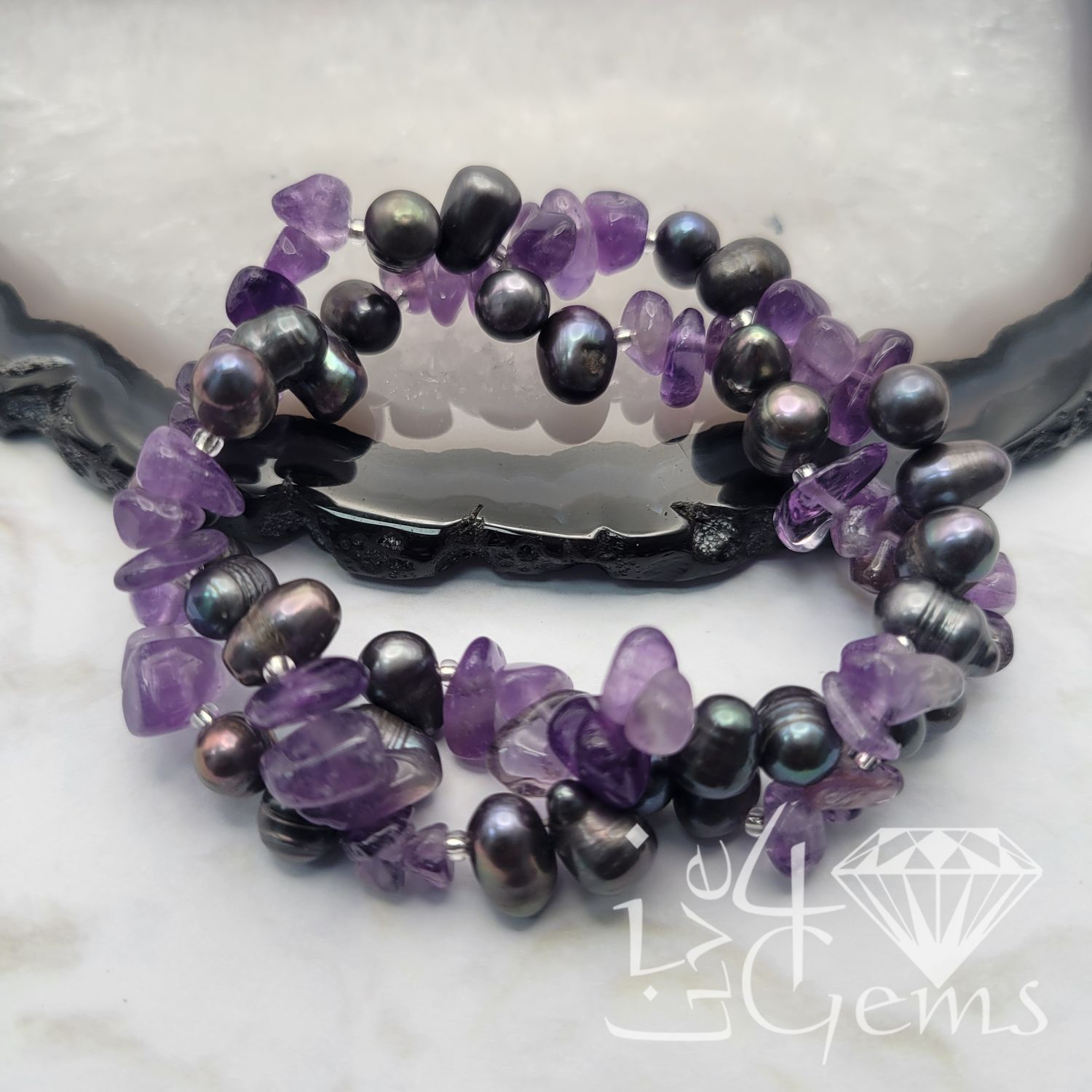  Pearl Double Strand Bracelet, Gemstone: Amethyst and Peacock Pearl