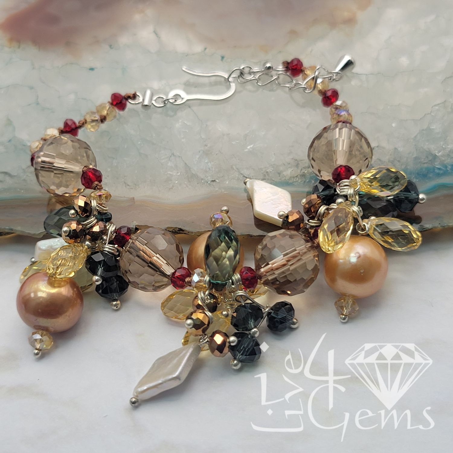 Pearl Peach and White with Crystal Clusters Bracelet