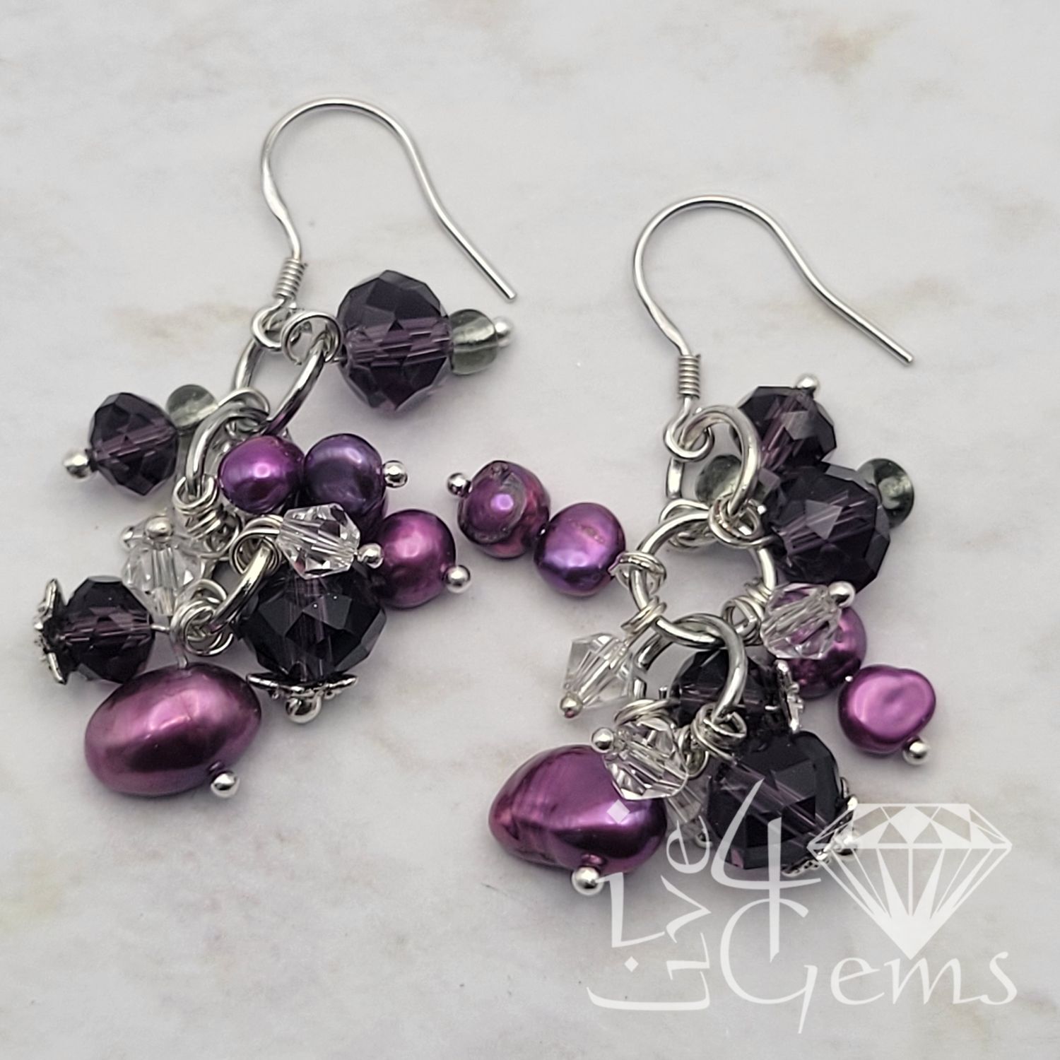 Silver Pearl Purple Crystal Hanging Earring