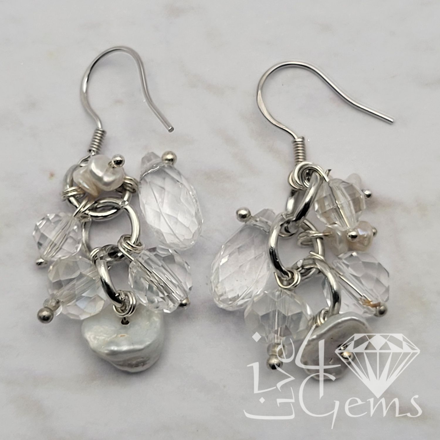 Silver Keshi Pearl and White Crystal Hanging Earring
