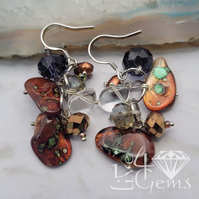 Silver Brown Pearl and Purple Crystal Hanging Earring