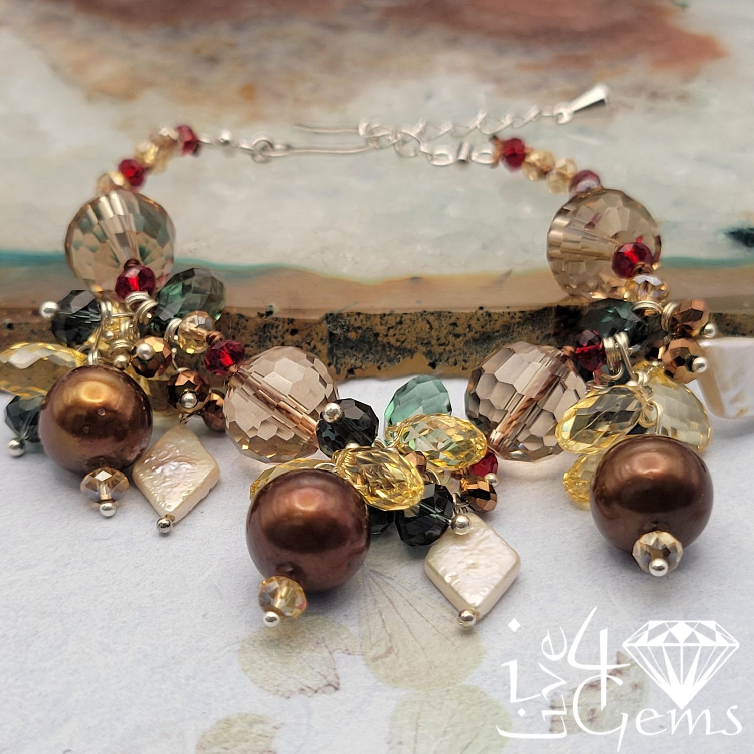 Pearl Brown and White with Crystal Cluster Bracelet