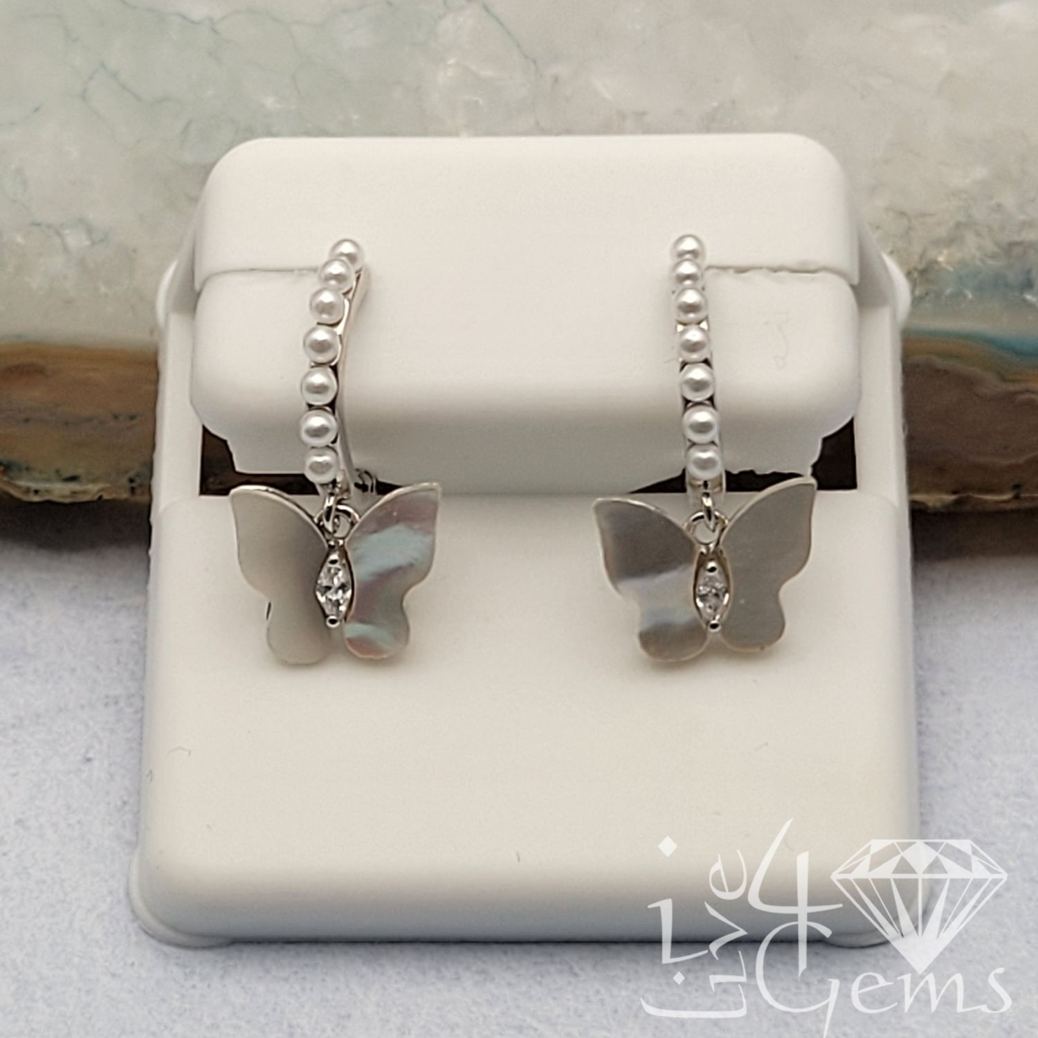 Silver Huggie Pearl and Mother of Pearl Buttefly