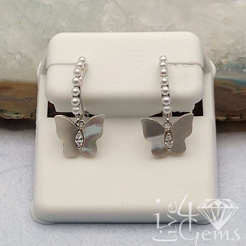 Silver Huggie Pearl and Mother of Pearl Buttefly