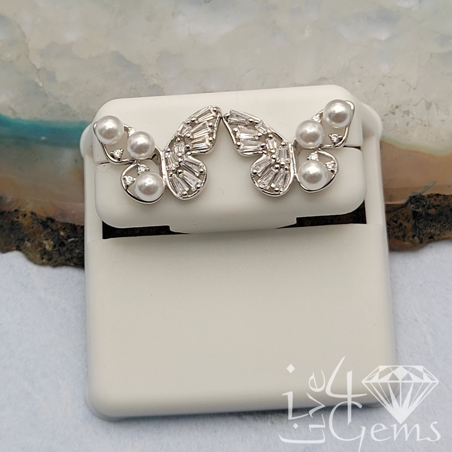 Silver Pearl and CZ  Butterfly Stud
