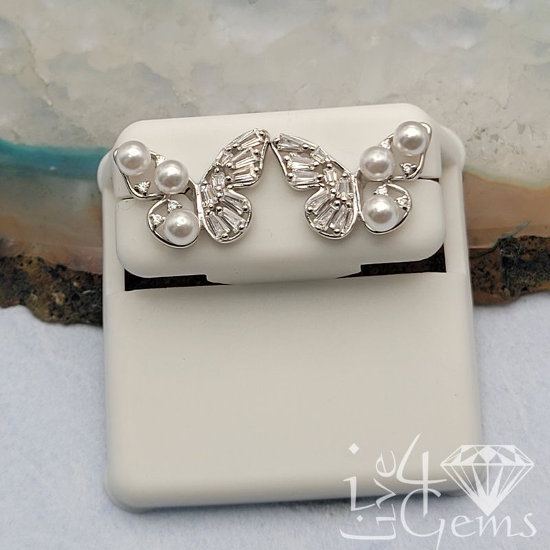 Silver Pearl and CZ  Butterfly Stud