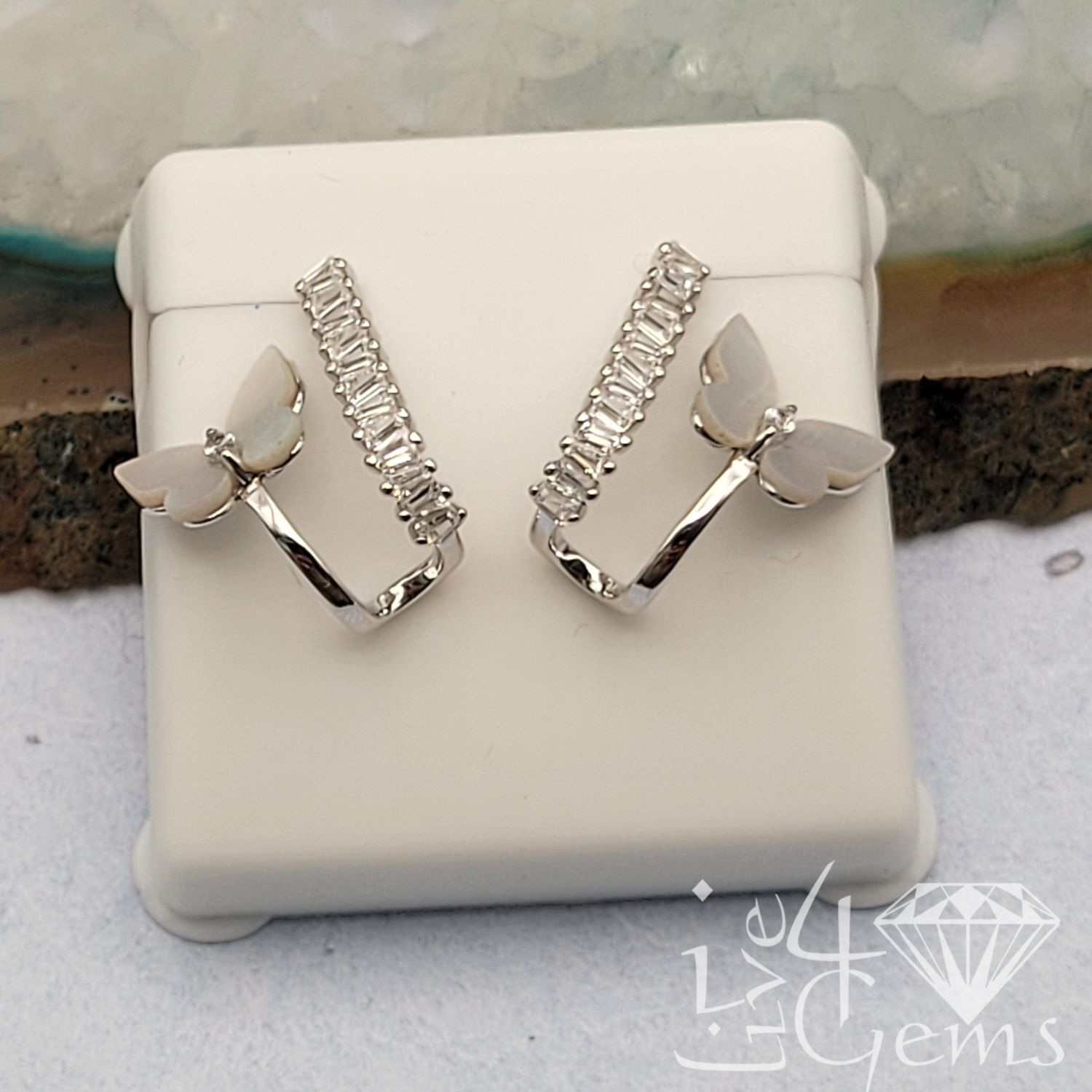 Silver Mother of Pearl Buttefly and Baguette CZ  Stud