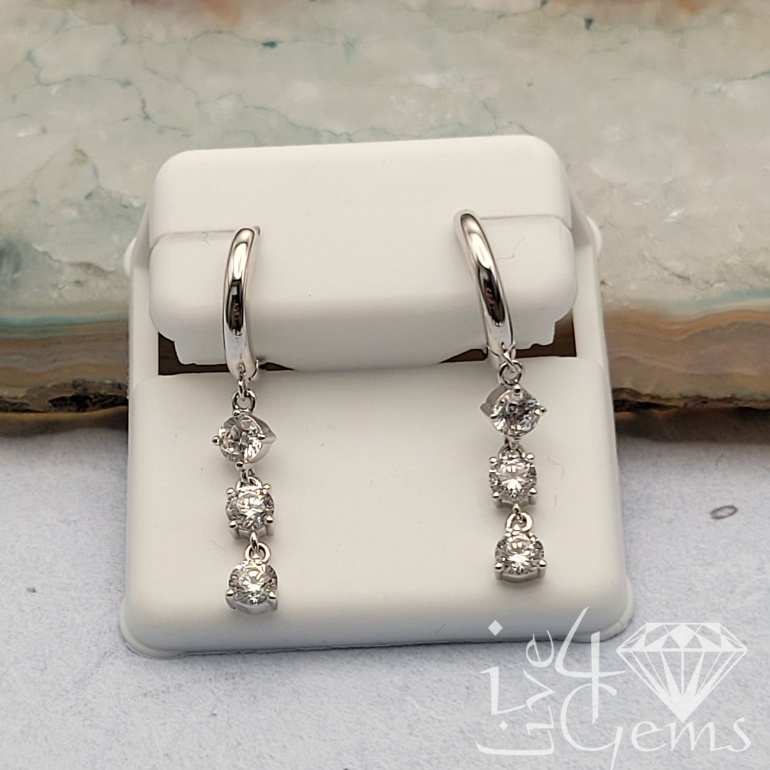 Silver Dangling CZ 3 Stone Hoop