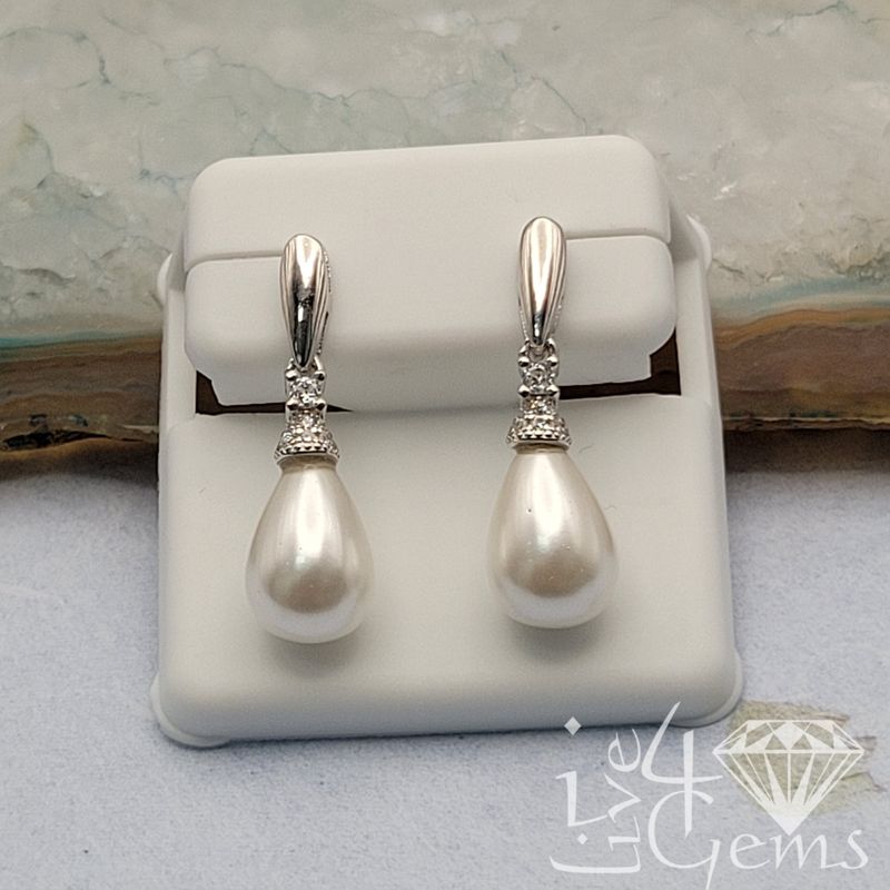 Silver Faux Pearl CZ Hanging Stud