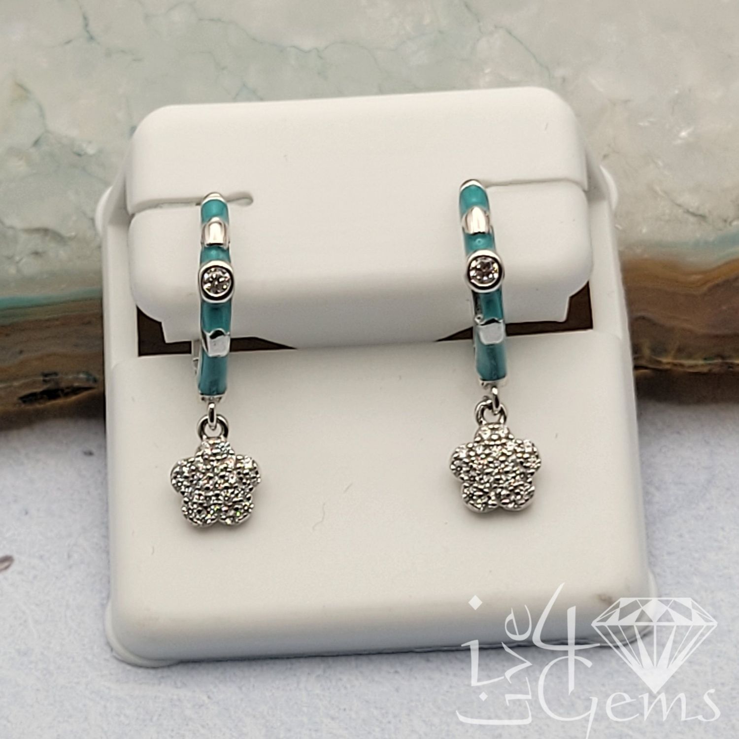 Silver Turquoise Enamel Dangling CZ Clover Hoop