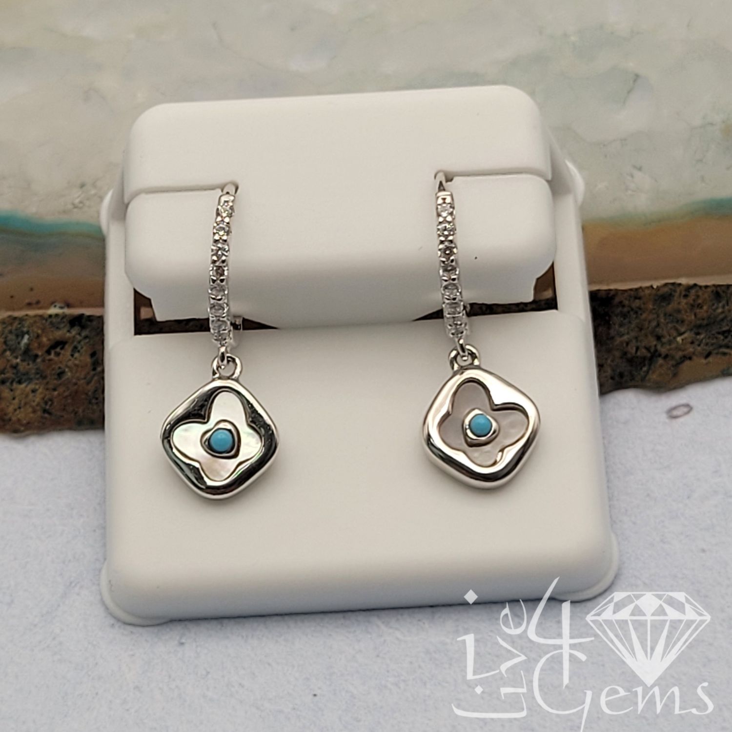 Silver CZ Mother of Pearl Blue Clover Hoop