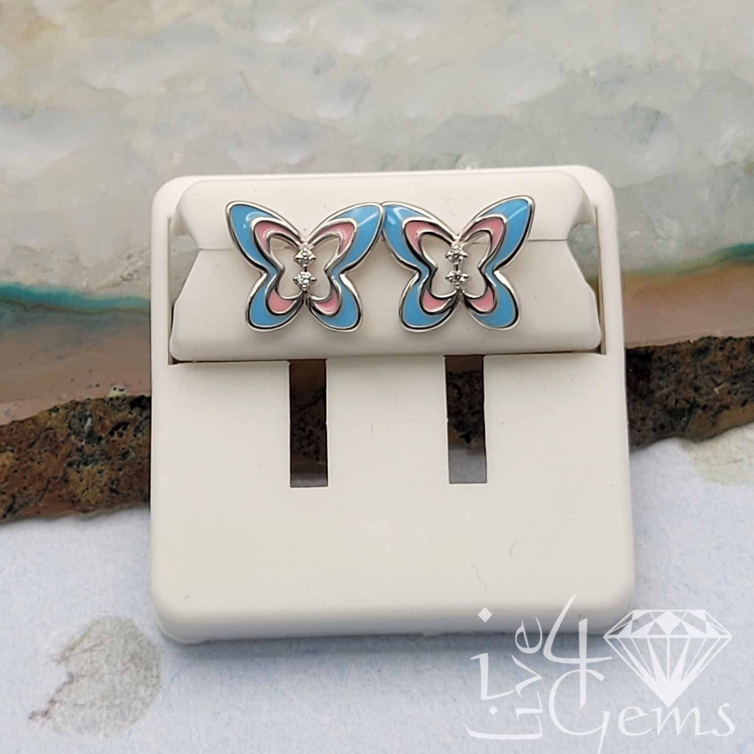 Silver Blue and Pink CZ Butterfly Stud
