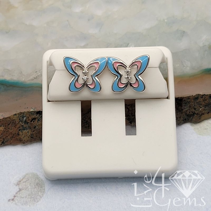 Silver Blue and Pink CZ Butterfly Stud