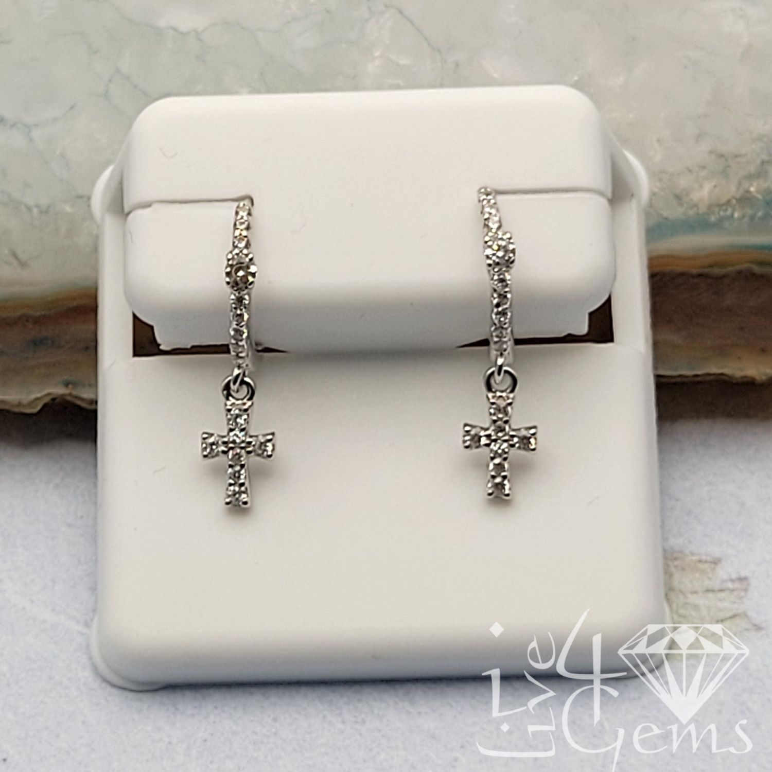 Silver CZ Cross Dangling Hoop