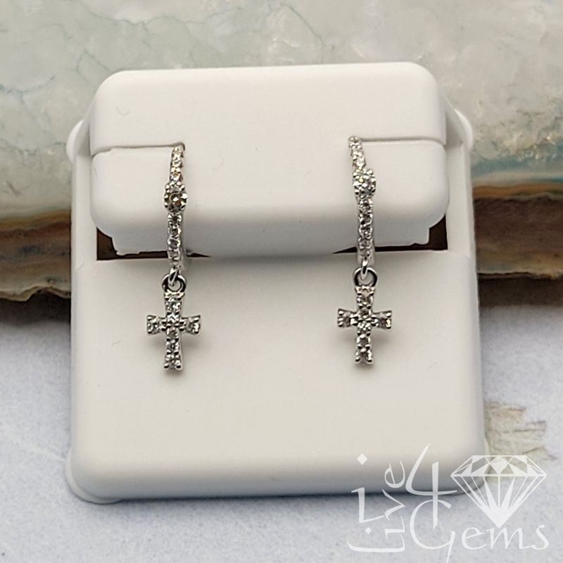 Silver CZ Cross Dangling Hoop