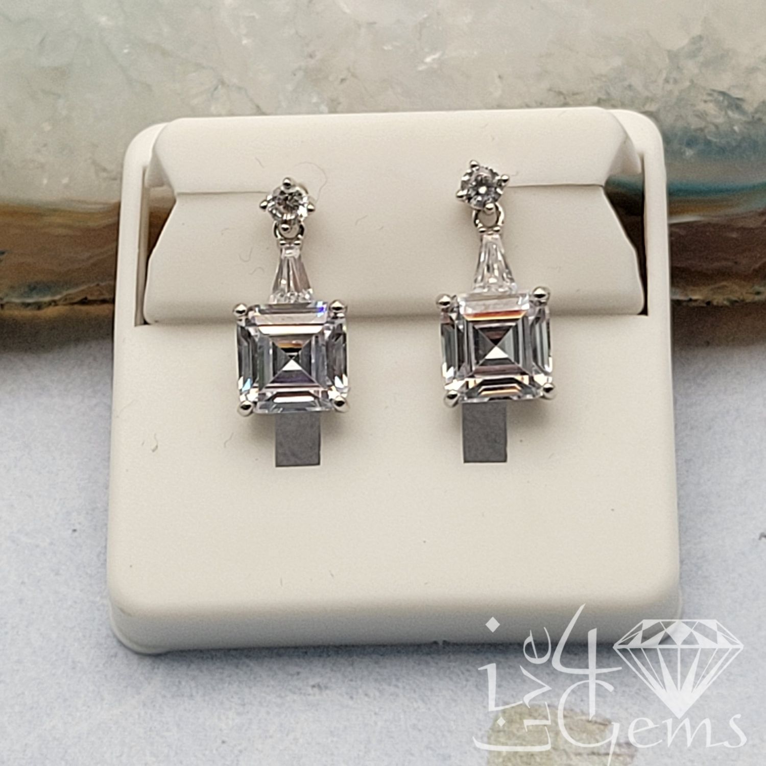 Silver Asscher Cut CZ Hanging Stud