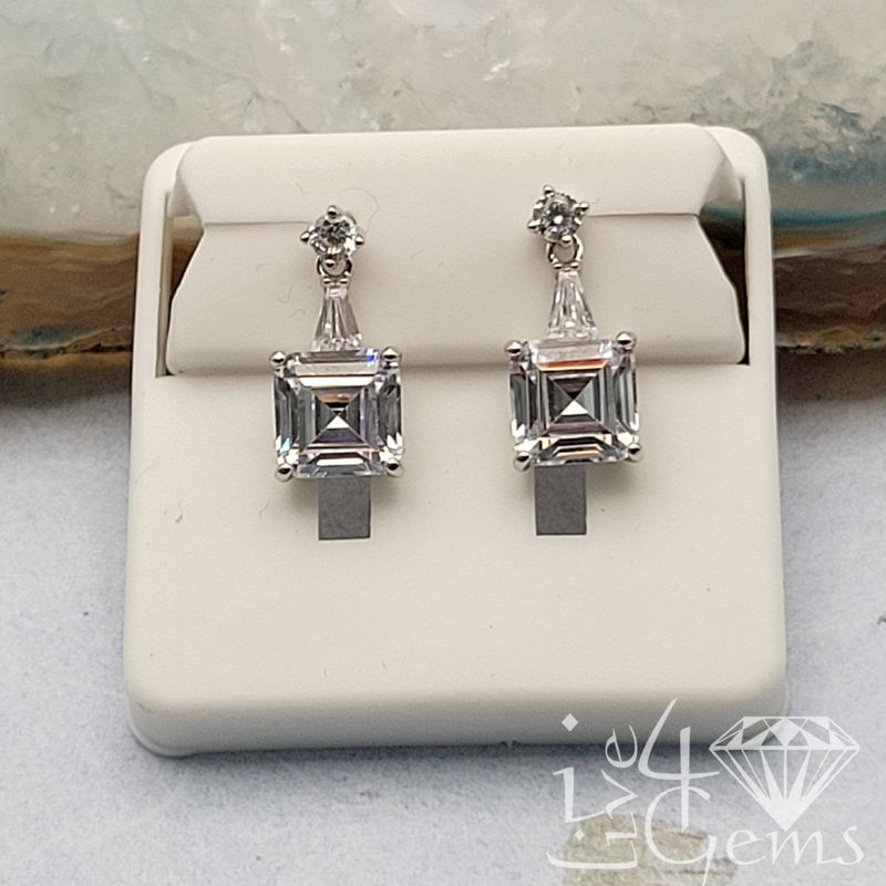 Silver Asscher Cut CZ Hanging Stud