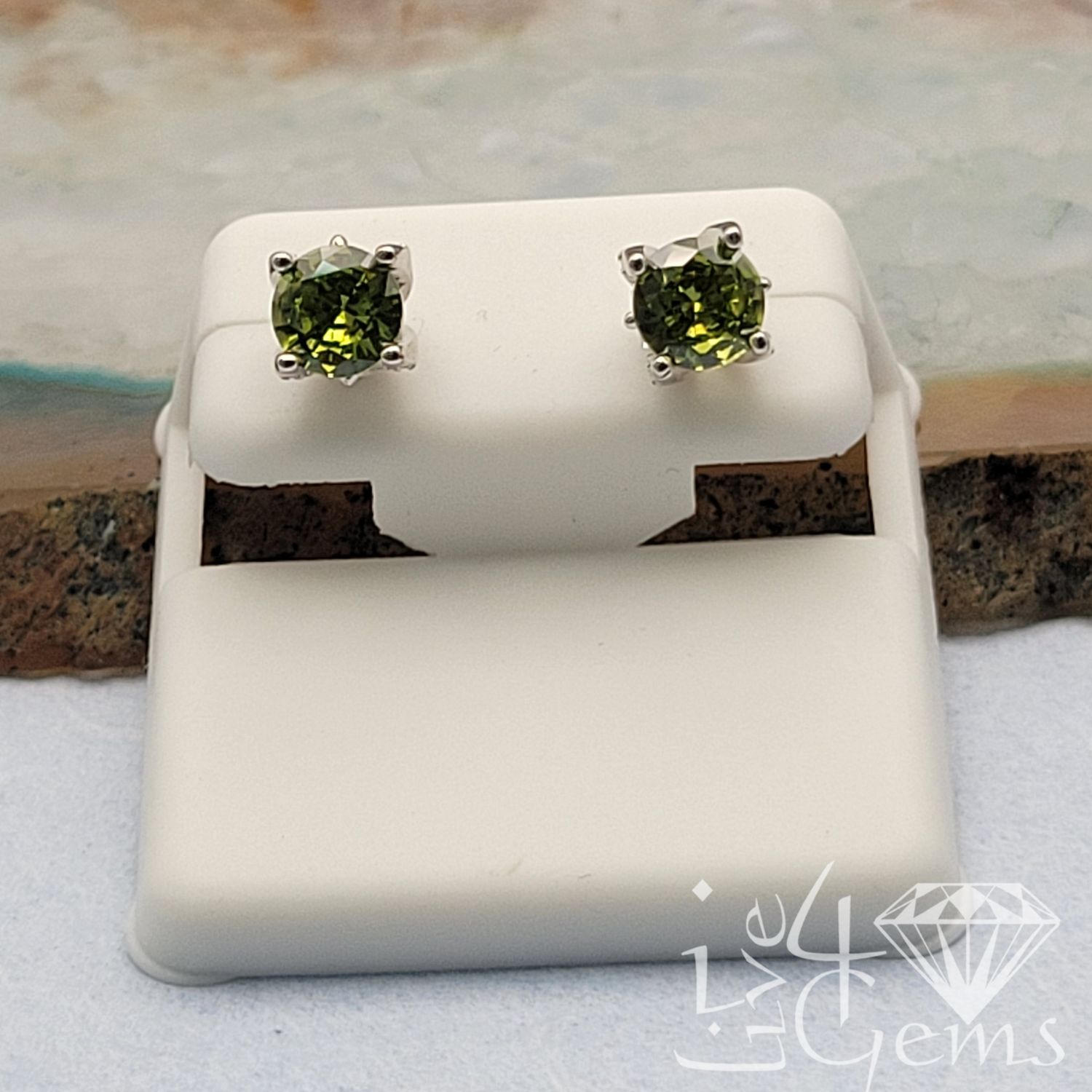 Silver 6mm Green and White CZ Tulip Setting Stud