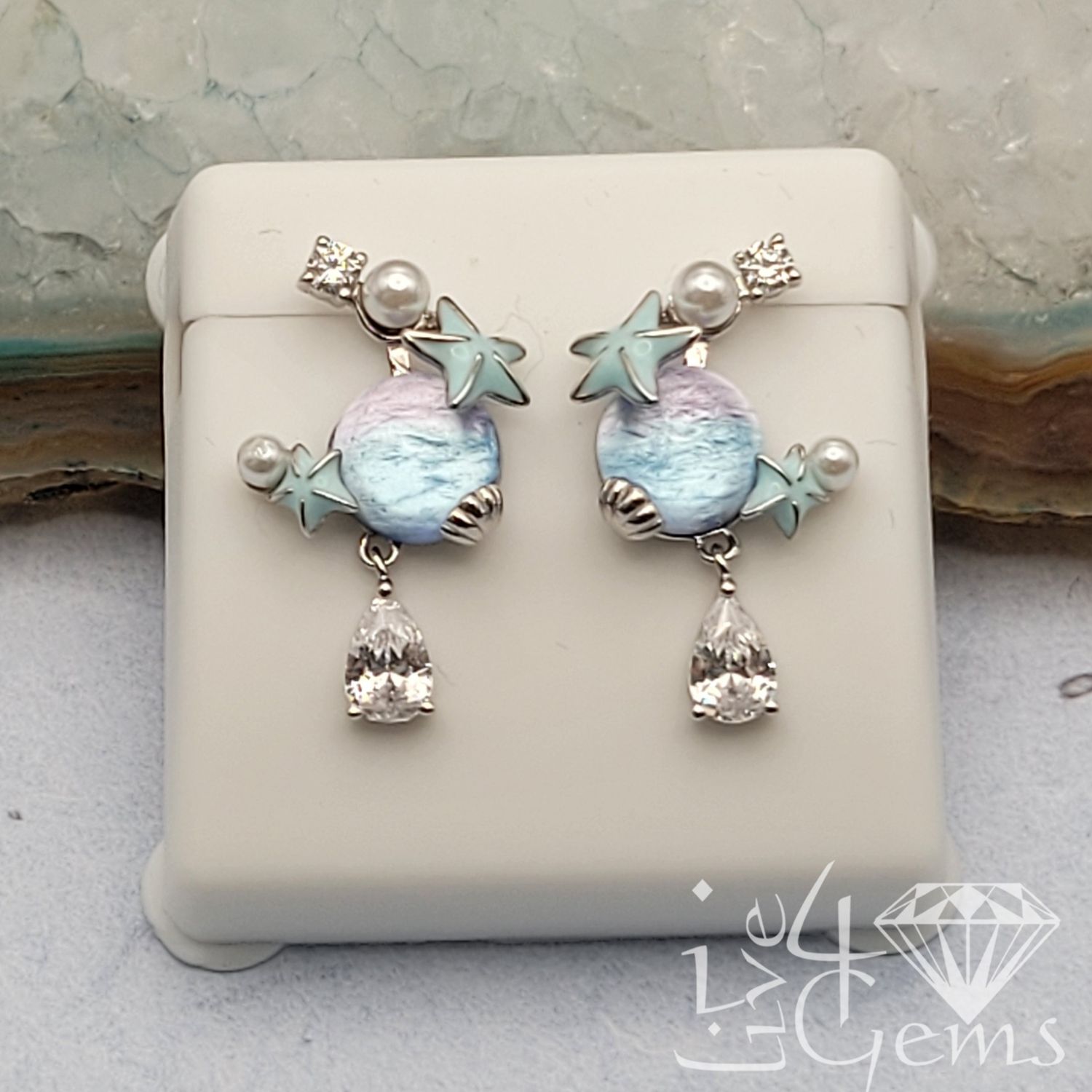 Silver Hanging Moon Shape, Star, Pearl and Pear CZ Stud
