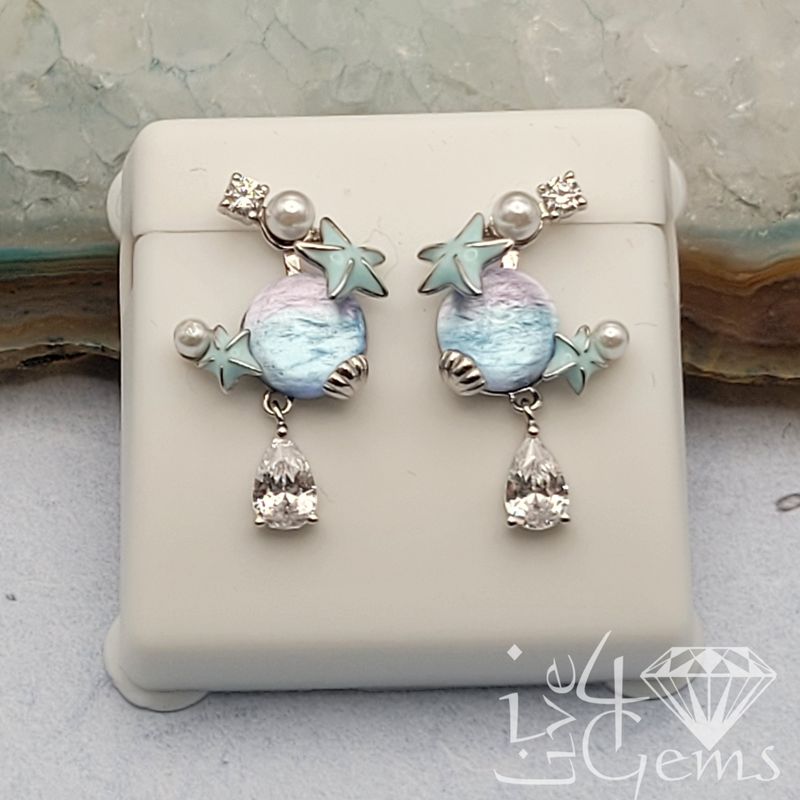 Silver Hanging Moon Shape, Star, Pearl and Pear CZ Stud