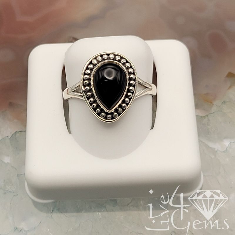 Silver Onyx Pear  Ring  Size 8