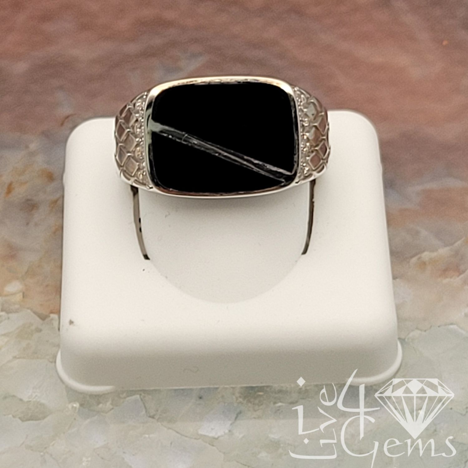 Silver Onyx Rounded Rectangle Cz Ring Size 11