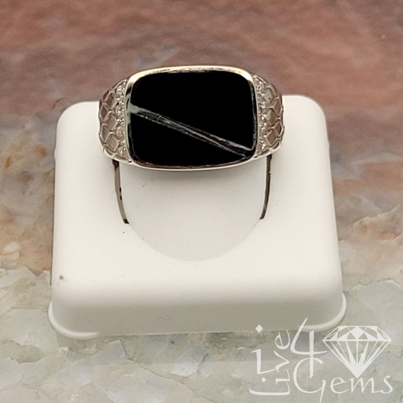Silver Onyx Rounded Rectangle Cz Ring Size 11
