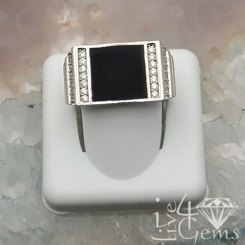 Silver Onyx Rectangle Double Row Cz Ring Size 9