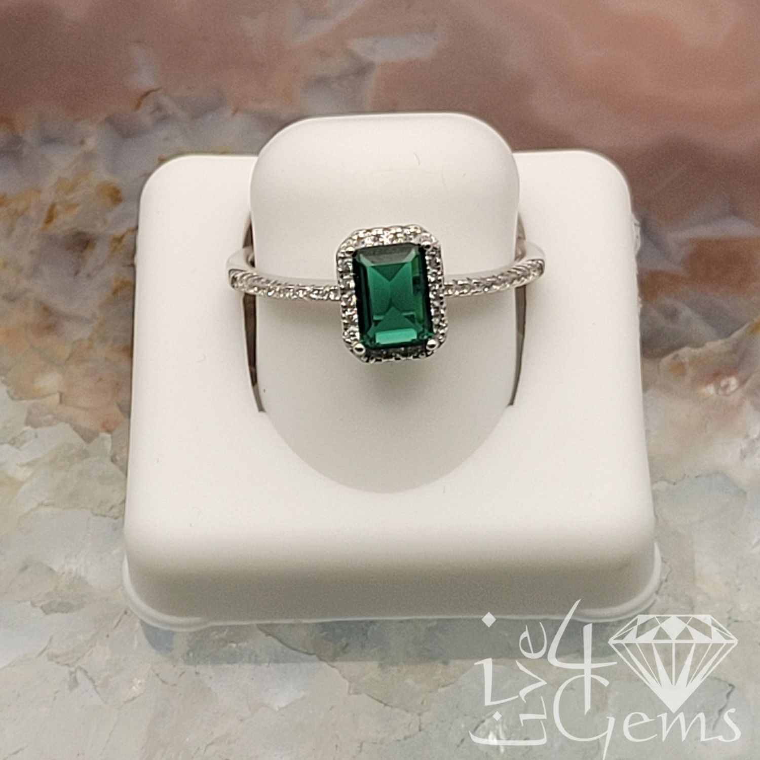 Silver Green Emerald Halo Ring Size 9