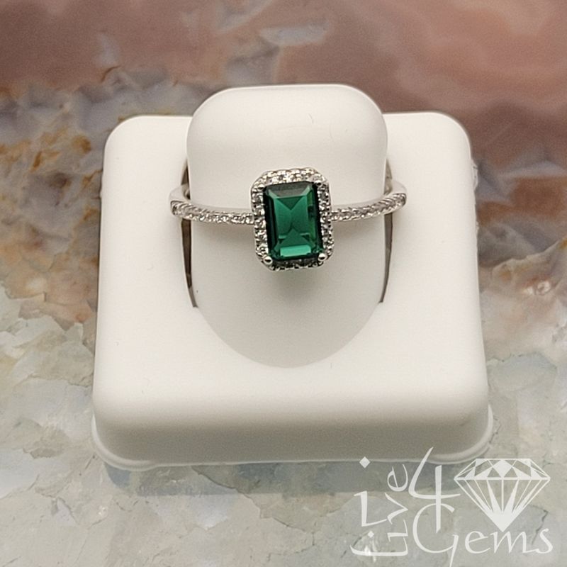 Silver Green Emerald Halo Ring Size 9