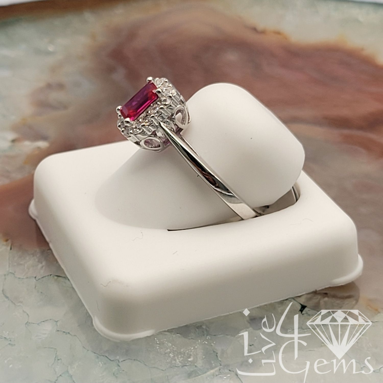 Silver Red Emerald Cut Halo Ring Size 8