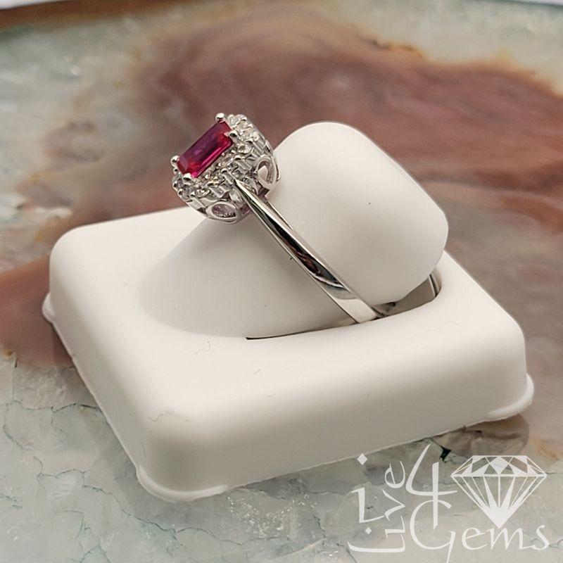Silver Red Emerald Cut CZ  Halo Ring Size 8